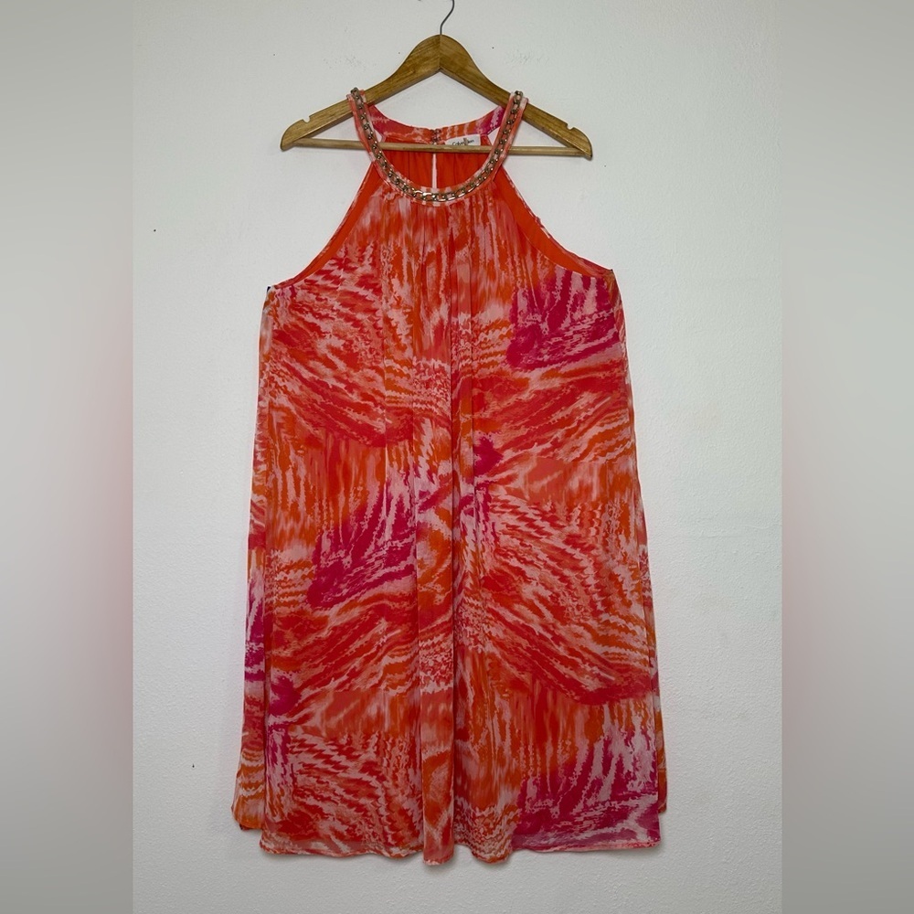 Calvin Klein Halter Orange Print Shift Dress with Gold Chain Trim Around Neck - Picture 3 of 9
